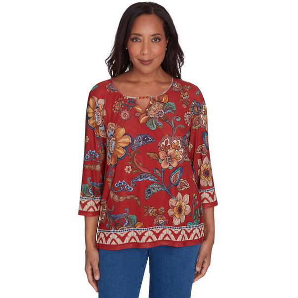 Petite Women's Floral Border Mesh Split Neck Top