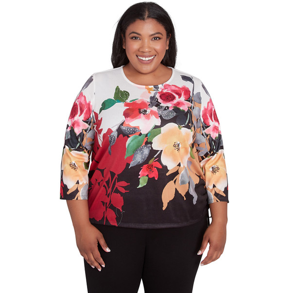 Plus Women's Floral Crew Neck with Drawstring Hem Top