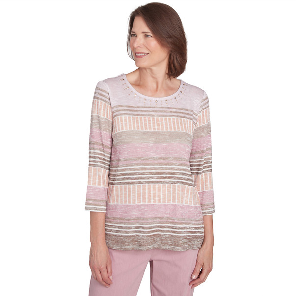 Petite Women's Stripe Patchwork Pleated Crew Neck Top