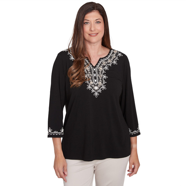 Petite Women's Split Neck Scroll Embroidered Top