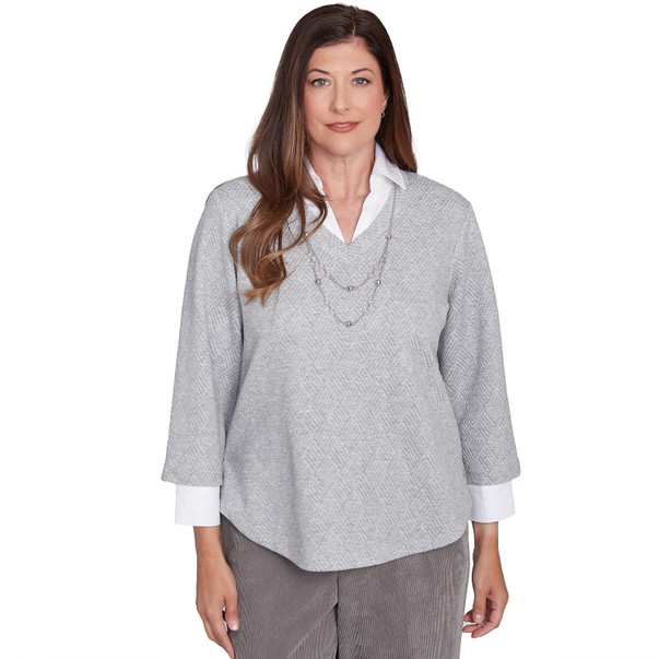 Petite Women's Soft Collared Two In One Pullover Top with Necklace