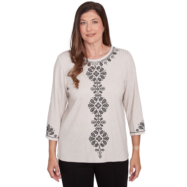 Petite Women's Center Embroidered Medallion Textured Top