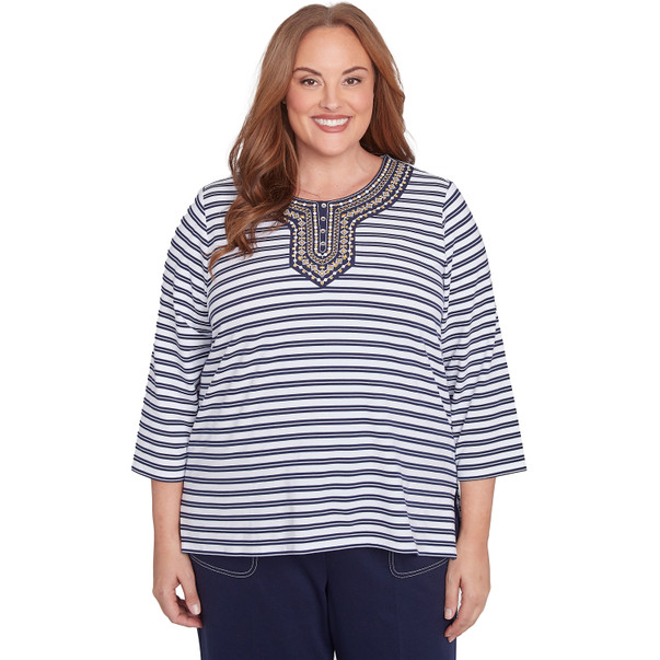Plus Women's Striped Top With Embroidered Neckline