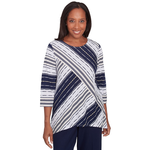 Women's Spliced Stripe Crew Neck Textured Top