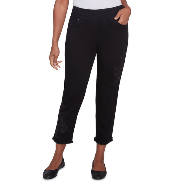 Women's Embroidered Floral Denim Fringe Ankle Pant