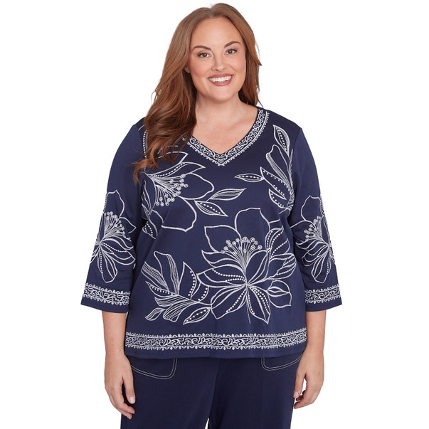 Plus Women's Dynamic Floral Embroidered V Neck Top