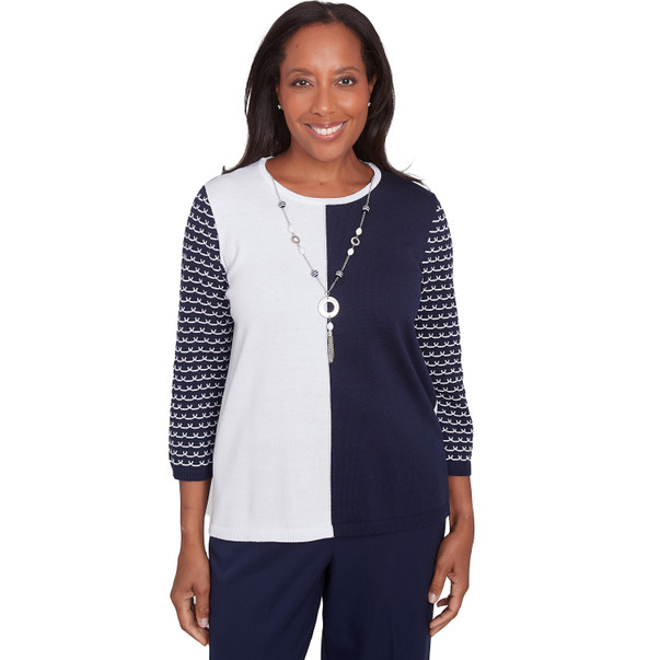 Petite Women's Striped Sleeve Colorblock Sweater With Necklace