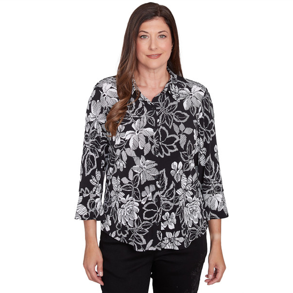 BLACK/WHITE Women's Floral Puff Print Button Down Top