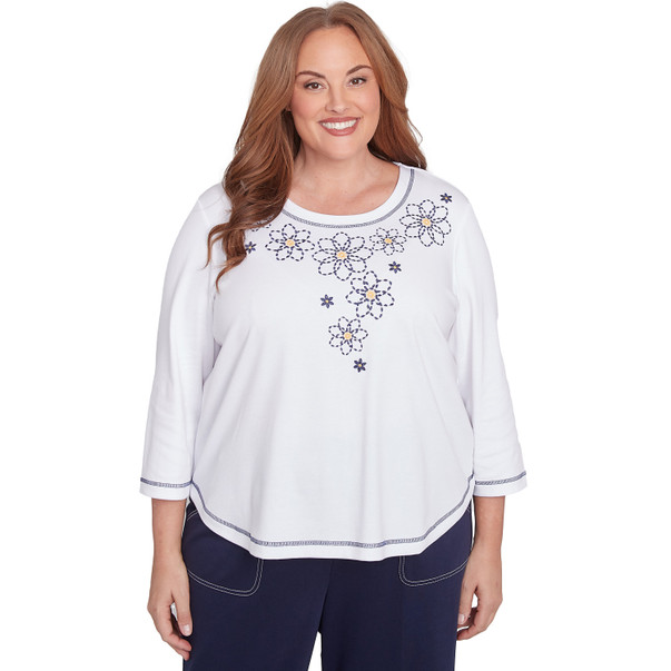 Plus Women's Floral Embroidered Neckline Three Quarter Sleeve Top