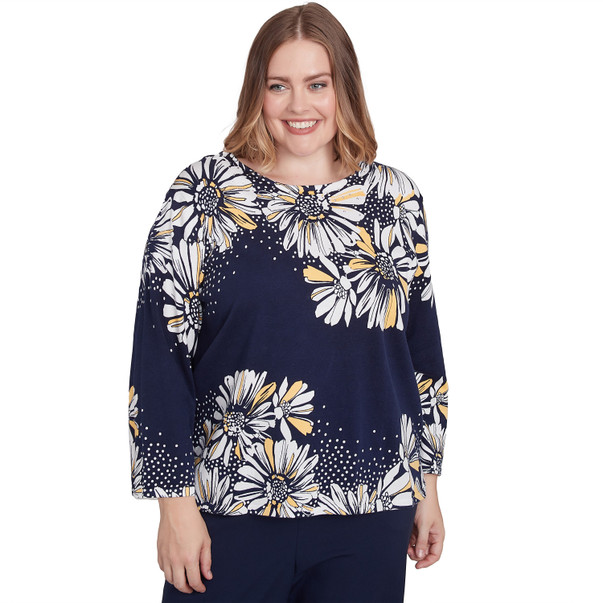 NAVY MULTI Plus Women's Embellished Daisy Crew Neck Sweater