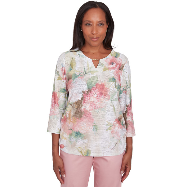 NEUTRAL MULTI Petite Women's Hydrangea Beaded Split Neck Top