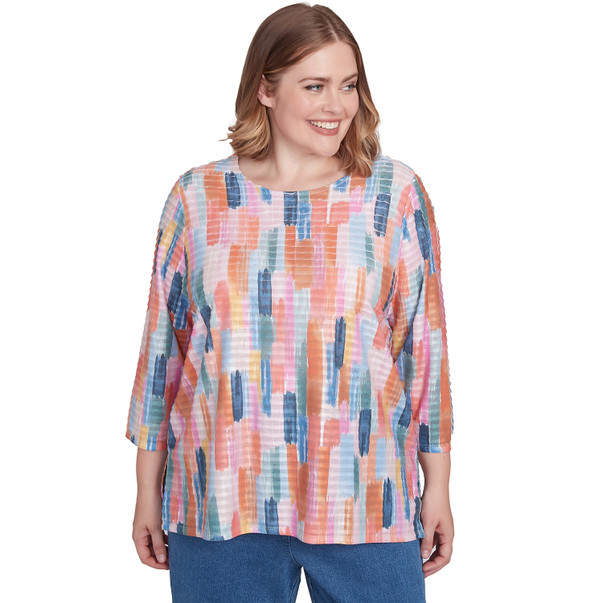 Plus Women's Mini Ruffle Brushstroke Crew Neck Top