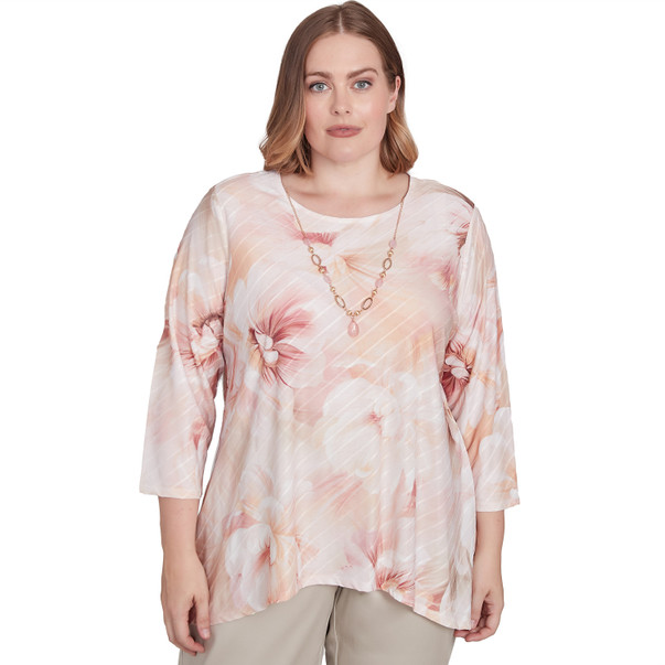 Plus Women's Textured Watercolor Flower Top With Necklace