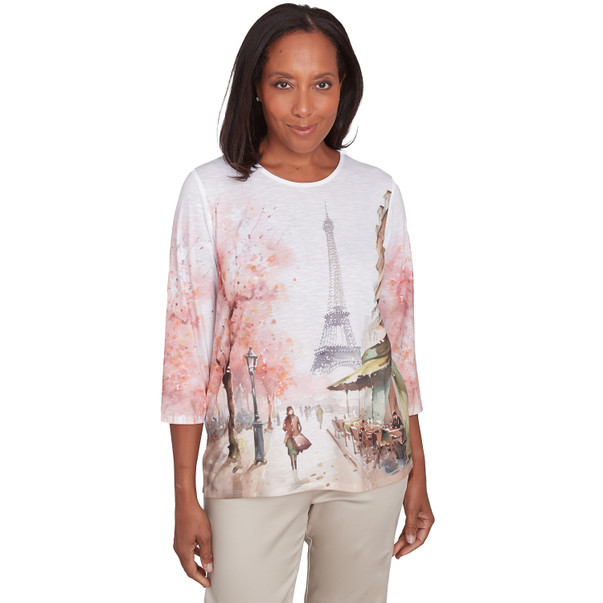 MULTI PINK Petite Women's Paris Scenic Crew Neck Top