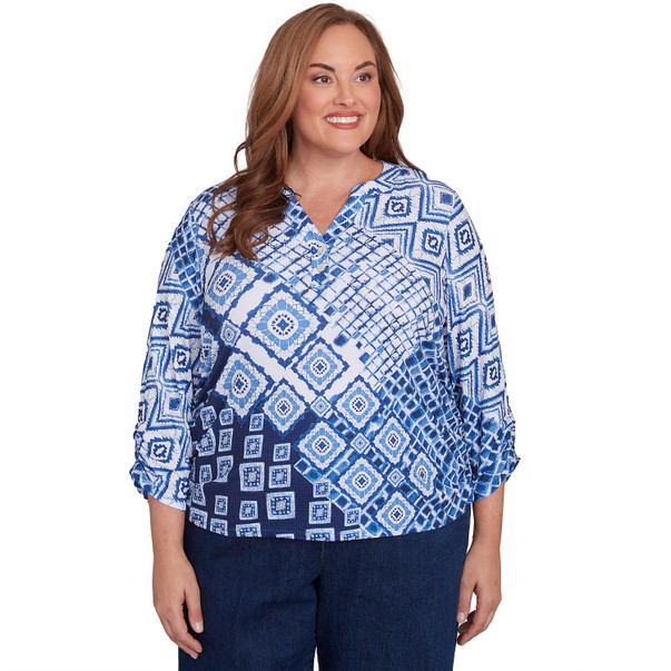 NAVY MULTI Plus Women's Ikat Patched Geometric Top
