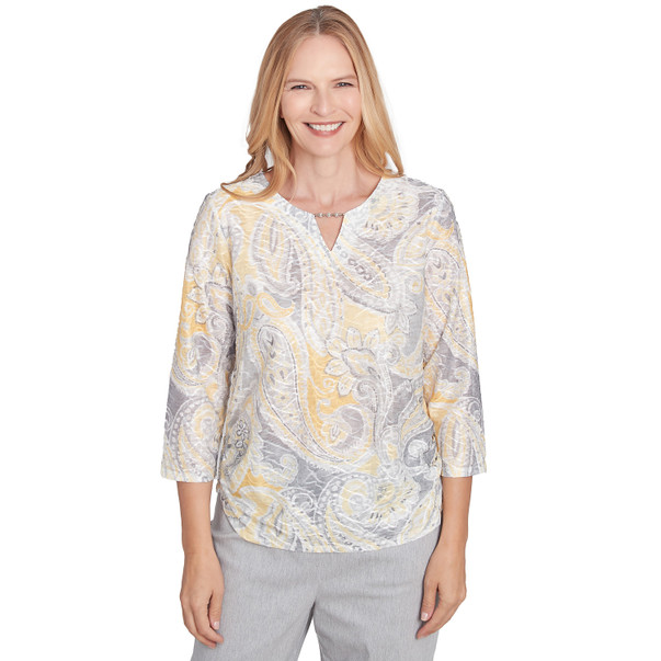 Petite Women's Textured Paisley Beaded Neck Top