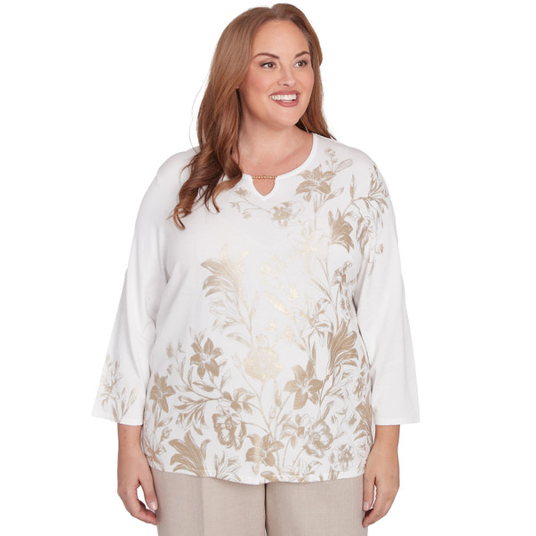 Plus Women's Split Neck Botanical Gold Foil Print Sweater