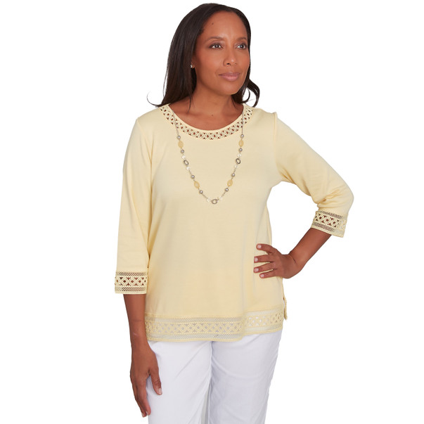 Petite Women's Solid Lace Trim Top With Necklace