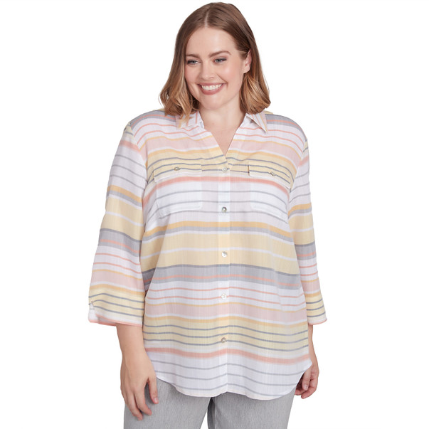 Plus Women's Button Down Striped Cuffed Sleeve Top