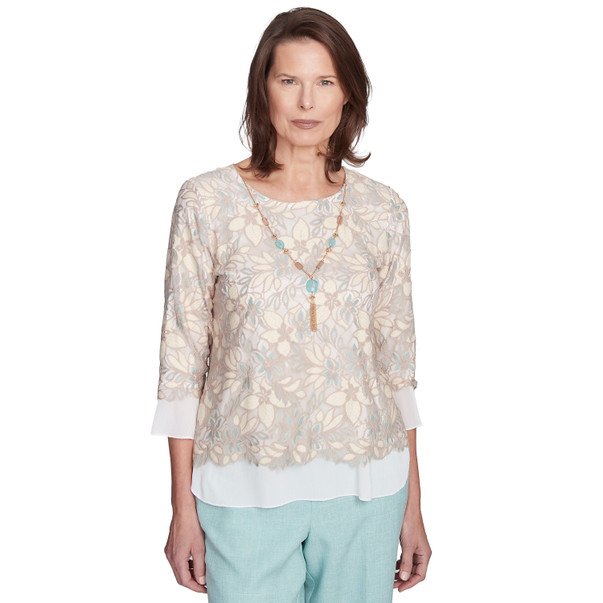 Petite Women's Floral Lace Woven Trim Top With Necklace