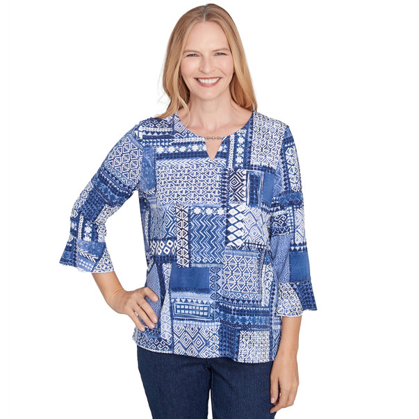 Women's Beaded Split Neck Patchwork Top