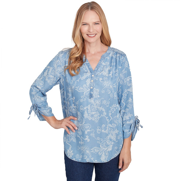 BLUE Petite Women's Super Soft Scoll V-Neck Henley Top