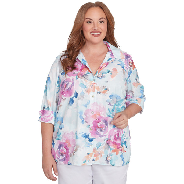 Plus Women's Floral Watercolor Button Down Top