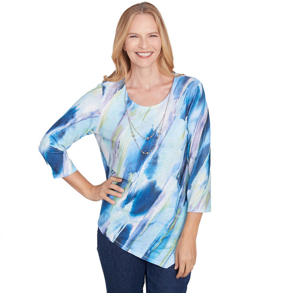 Petite Women's Diagonal Brushstroke Top With Necklace