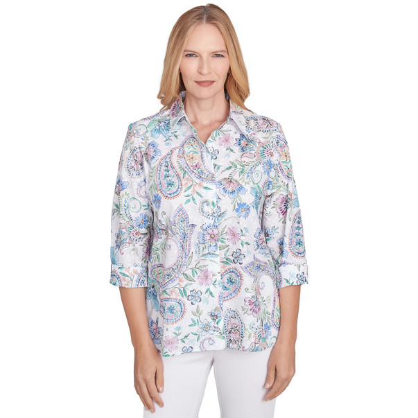 Women's Paisley Button Down Cuffed Sleeve Top