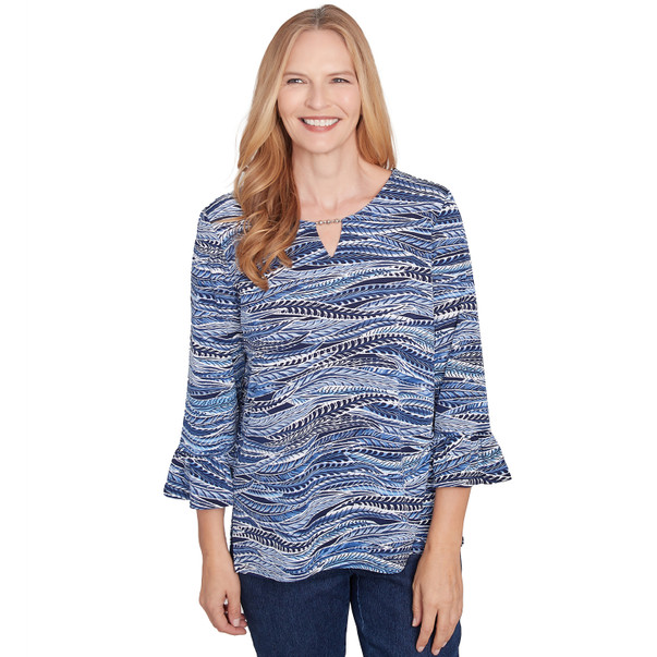 Petite Women's Beaded Split Neck Feathers Top