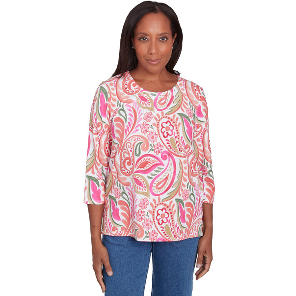 Petite Women's Embellished Crewneck Paisley Top