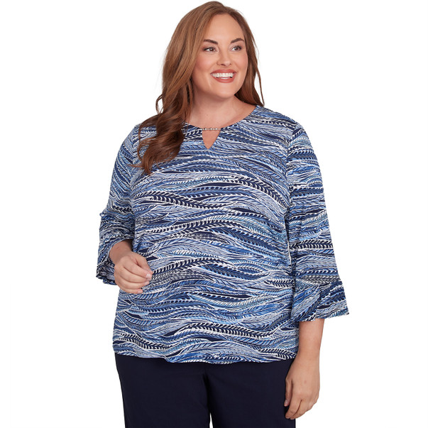 Plus Women's Beaded Split Neck Feathers Top