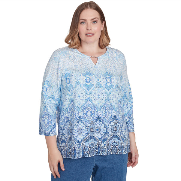 Plus Women's Split Beaded Neck Ombre Medallion Top