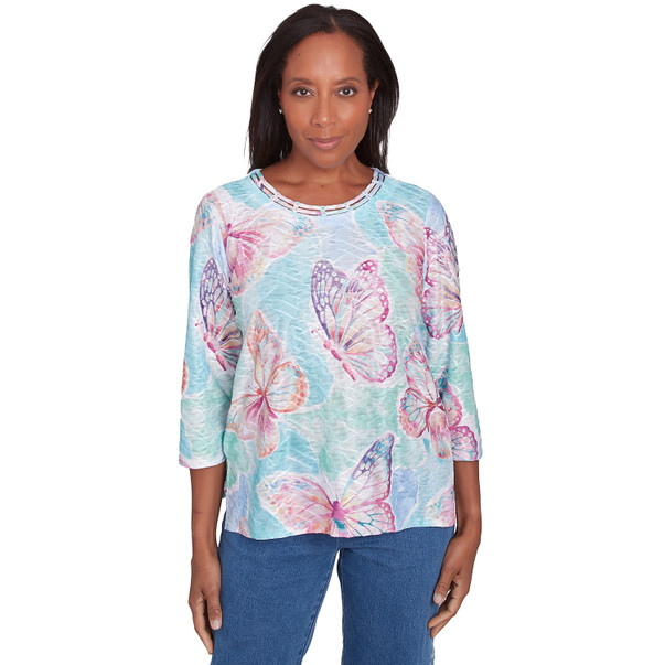 Petite Women's Butterfly Crewneck Three Quarter Sleeves Top