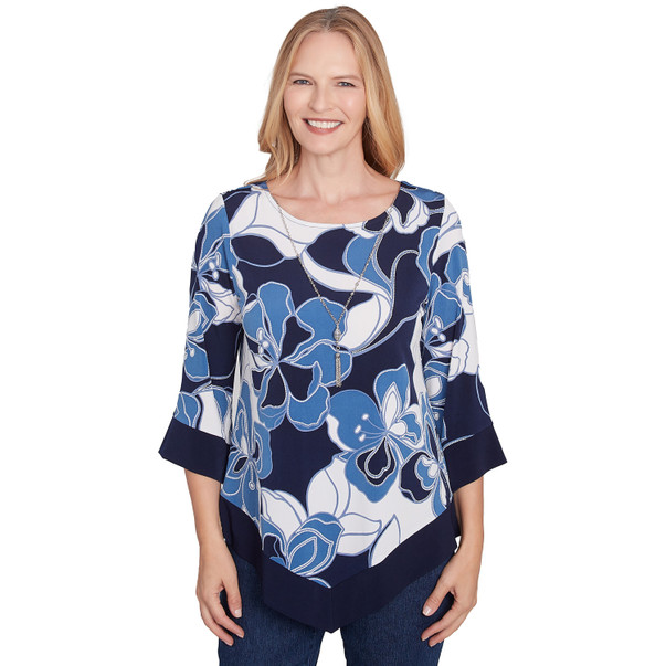 NAVY Petite Women's Abstract Bold Floral Patchwork Top With Necklace