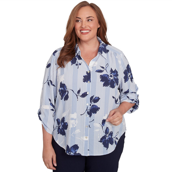 Plus Women's Striped Flower Button Front Tie Sleeve Blouse
