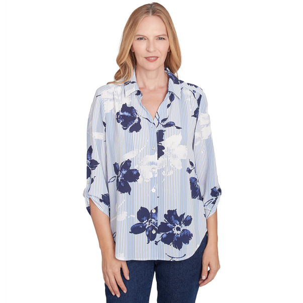 Women's Striped Flower Button Front Tie Sleeve Blouse