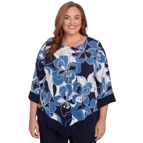 Plus Women's Abstract Bold Floral Patchwork Top With Necklace