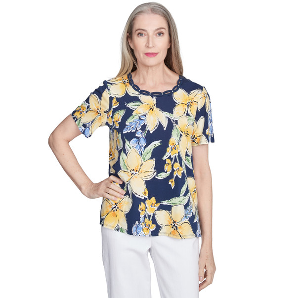 Petite Women's Navy Floral Braided Crew Neck Top