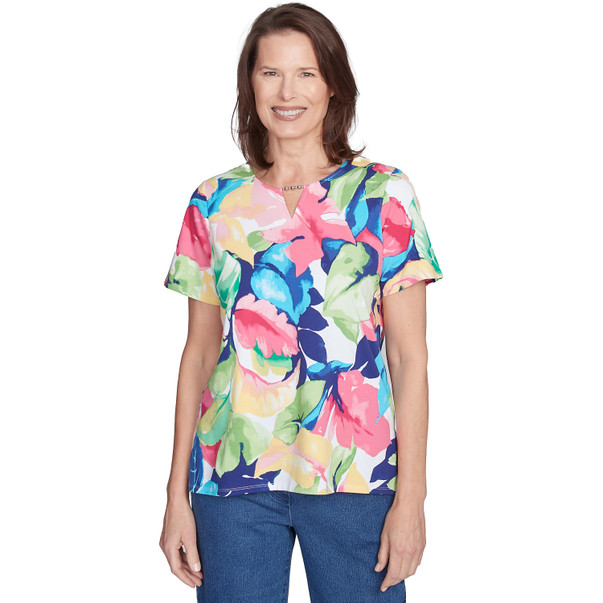Women's Tropical Leaf Split Beaded Neck Top