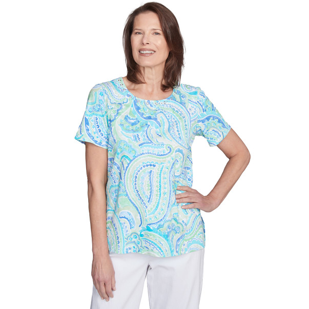 Petite Women's Pleated Crew Neck Paisley Top
