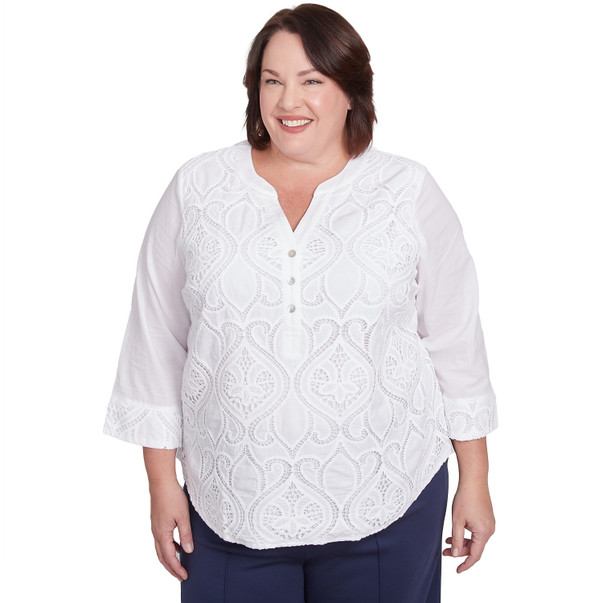 Plus Women's Lace Scroll Solid Henley Top