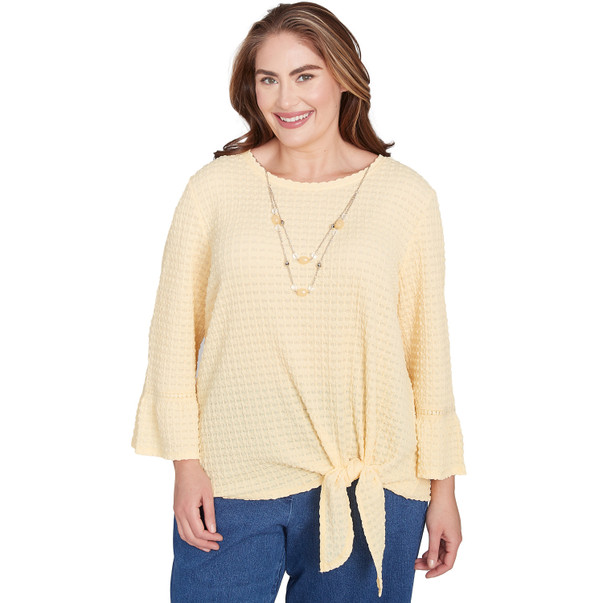 Plus Women's Tie Front Textured Tee With Necklace