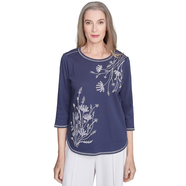 Petite Women's Asymmetric Floral Embroidered Top