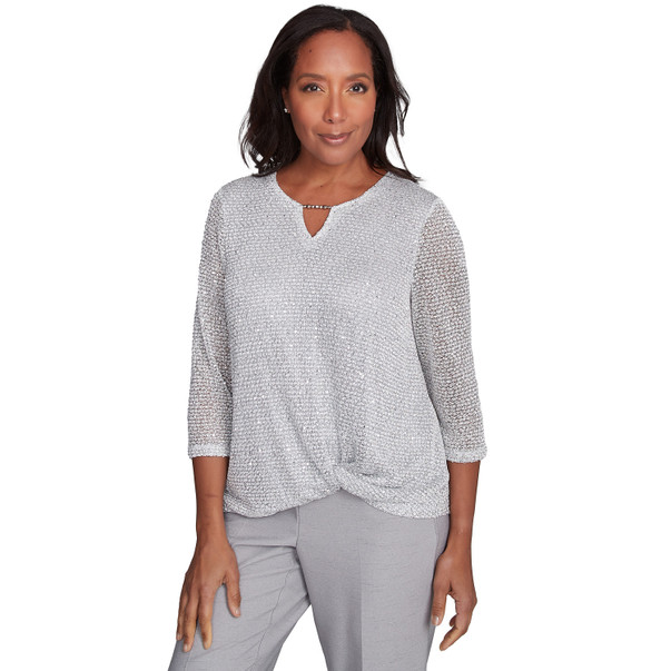 Petite Women's Sequin Beaded Split Neck Top
