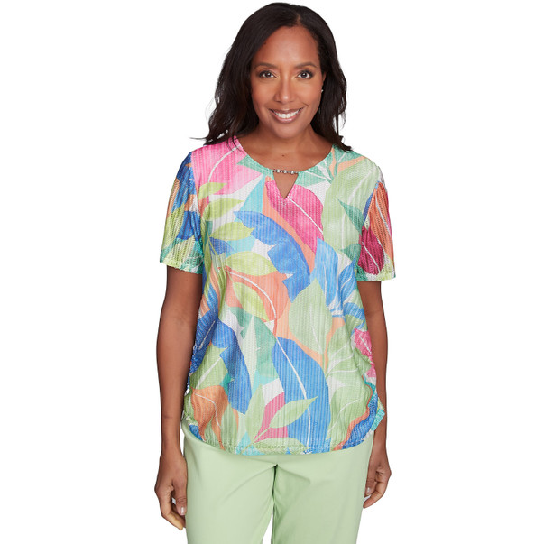 Petite Women's Textured Tropical Beaded Neck Top