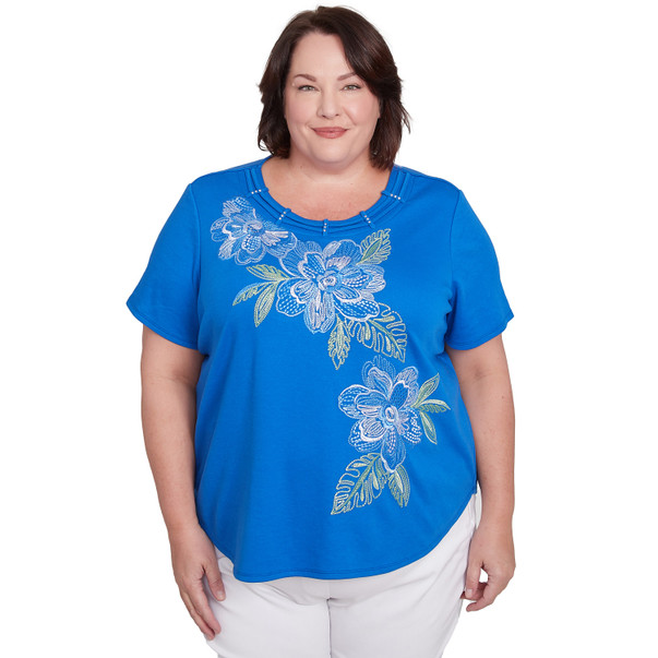 Plus Women's Tropical Floral Embroidered Tee