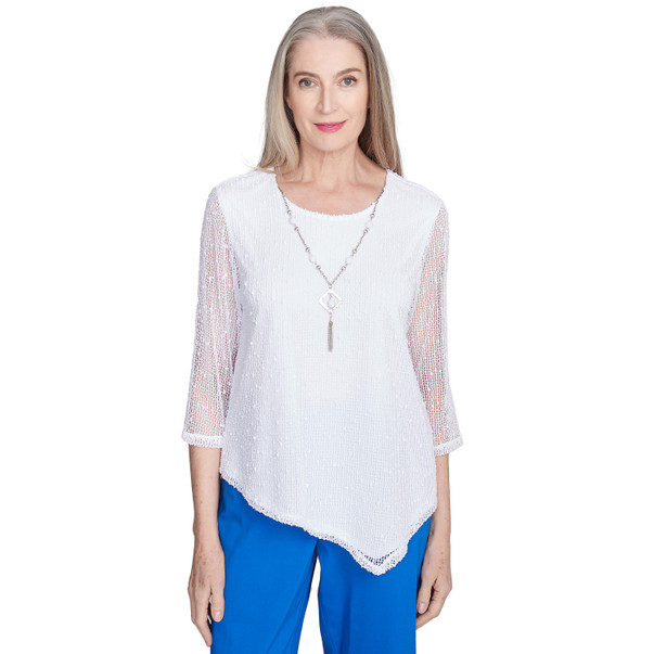 Petite Women's Popcorn Mesh Top With Necklace