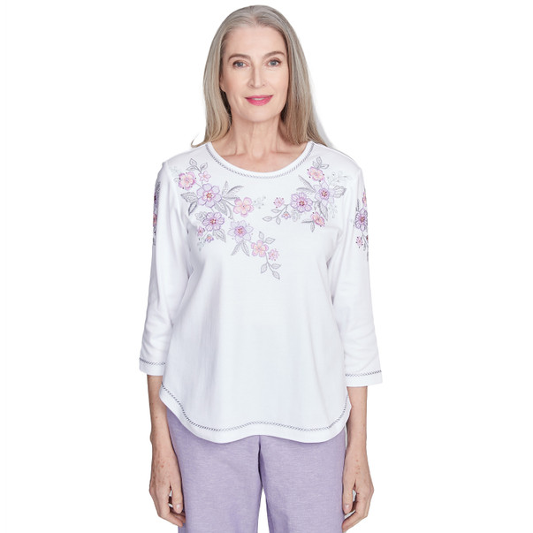 Petite Women's Embroidered Flower Neckline Top