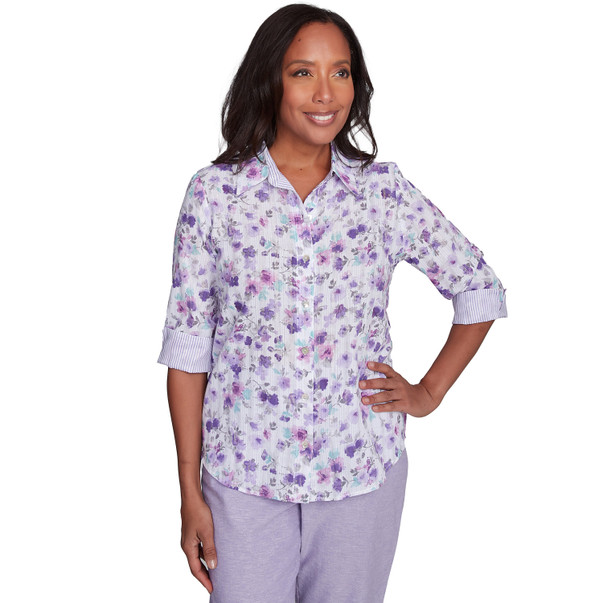 Women's Floral Contrast Cuff Button Down Top